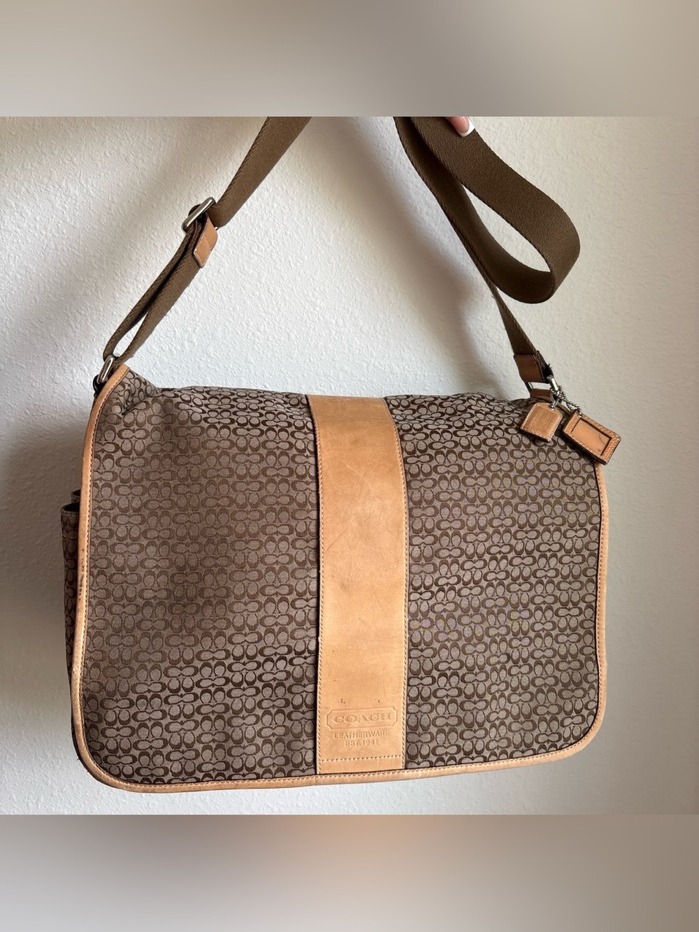 COACH Brown Signature Canvas Messenger with Tan Leather Center Stripe